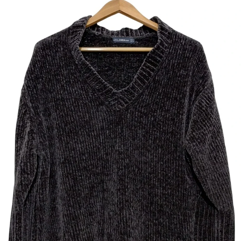 Zara Chenille Oversized V-Neck Sweater Womens M Charcoal Gray Grunge Preppy Soft
